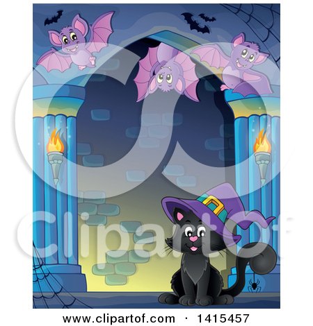 Clipart of a Cute Black Halloween Witch Cat in a Haunted House Hallway with Bats - Royalty Free Vector Illustration by visekart