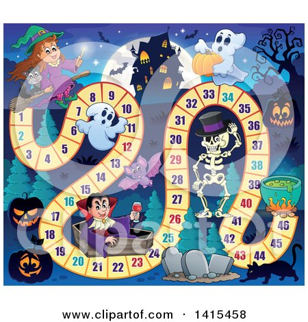 Clipart of a Haunted House and Halloween Characters Board Game Design - Royalty Free Vector Illustration by visekart