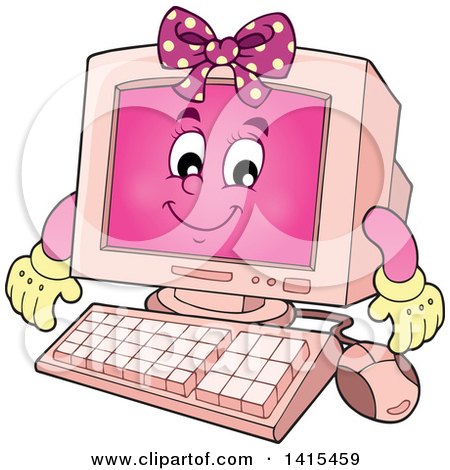 Clipart of a Cartoon Pink Female Desktop Computer Character - Royalty Free Vector Illustration by visekart