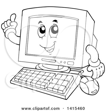 Clipart of a Cartoon Black and White Lineart Desktop Computer Character Holding up a Finger - Royalty Free Vector Illustration by visekart