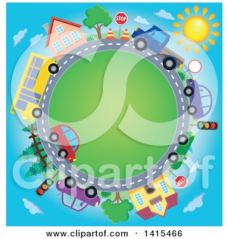 Clipart of a Road Circle with a Bus, Homes and Cars - Royalty Free Vector Illustration by visekart