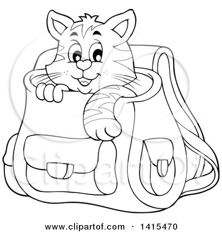 Clipart of a Black and White Lineart Cute Cat Inside a Backpack - Royalty Free Vector Illustration by visekart