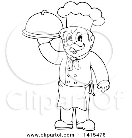 Clipart of a Black and White Lineart Male Chef Holding a Platter - Royalty Free Vector Illustration by visekart