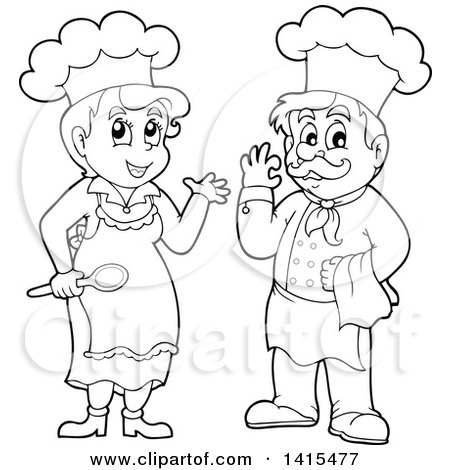 Clipart of Black and White Lineart Male and Female Chefs - Royalty Free Vector Illustration by visekart