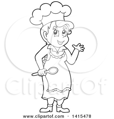 Clipart of a Black and White Lineart Female Chef - Royalty Free Vector Illustration by visekart