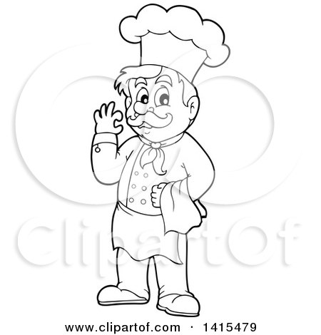 Clipart of a Black and White Lineart Male Chef - Royalty Free Vector Illustration by visekart