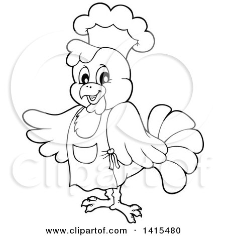 Clipart of a Black and White Lineart Chef Chicken - Royalty Free Vector Illustration by visekart
