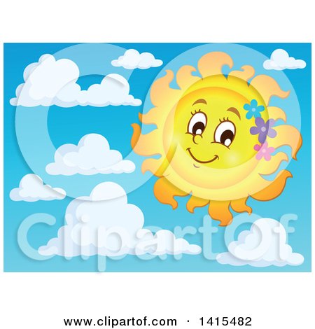 Clipart of a Happy Spring Time Sun Character with Flowers, in the Sky with Clouds - Royalty Free Vector Illustration by visekart