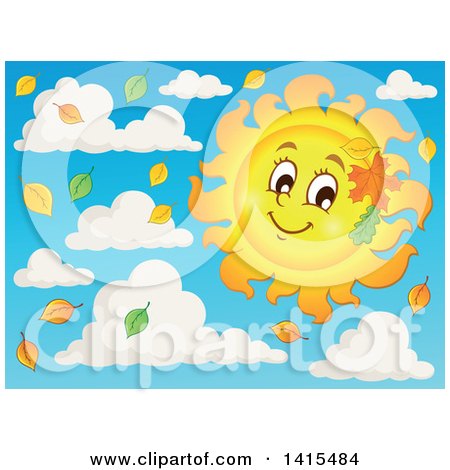 Clipart of a Happy Autumn Sun Character with Leaves, in the Sky with Clouds - Royalty Free Vector Illustration by visekart