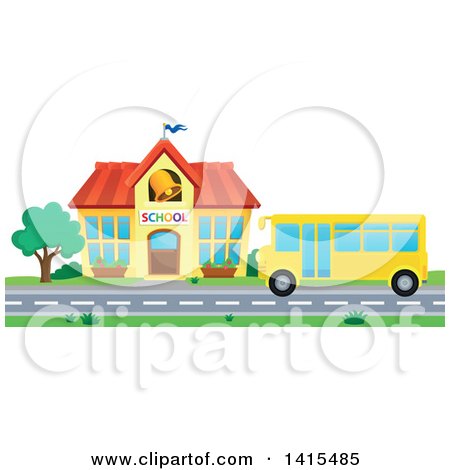 Clipart of a Yellow School Bus in Front of a Building - Royalty Free Vector Illustration by visekart
