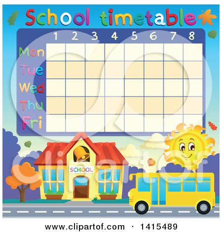 Clipart of a Yellow School Bus and Sun Time Table - Royalty Free Vector Illustration by visekart