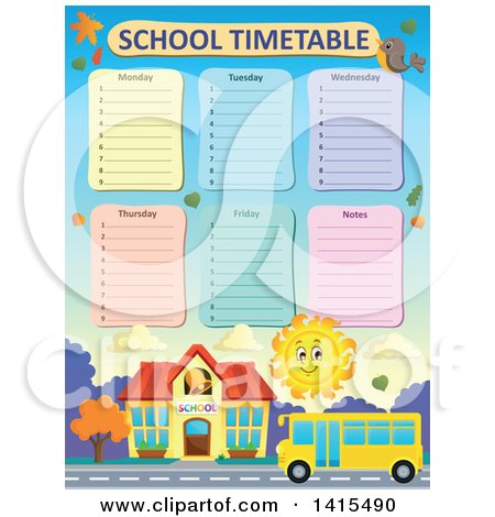 Clipart of a Yellow School Bus and Sun Time Table - Royalty Free Vector Illustration by visekart