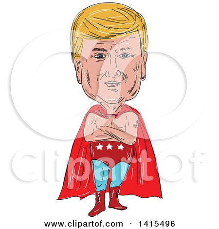 Clipart of a Sketched Caricature of Donald Trump in a Super Hero, Wrestler or Luchero Cape - Royalty Free Vector Illustration by patrimonio