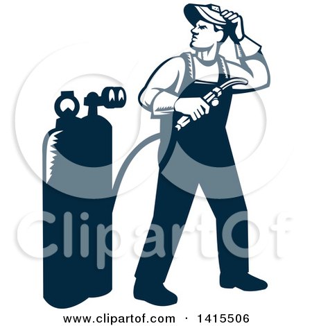Clipart of a Retro Full Length Male Welder Looking Back over His Shoulder in Navy Blue - Royalty Free Vector Illustration by patrimonio
