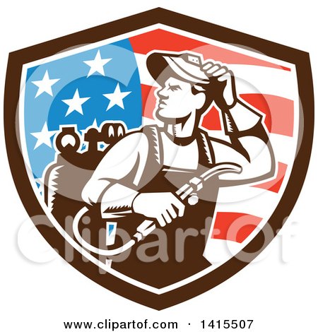 Clipart of a Retro Male Welder Looking Back over His Shoulder in an American Shield - Royalty Free Vector Illustration by patrimonio