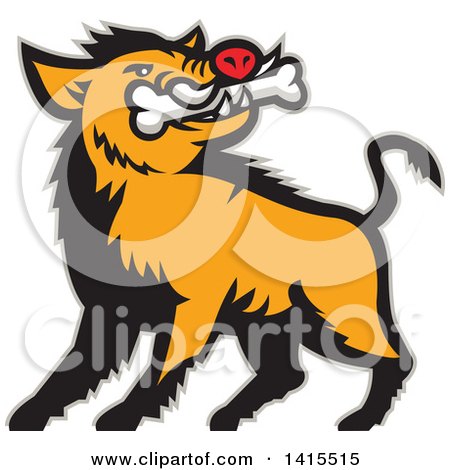 Clipart of a Retro Cartoon Wild Boar Pig with a Bone in Its Mouth, with a Gray Outline - Royalty Free Vector Illustration by patrimonio