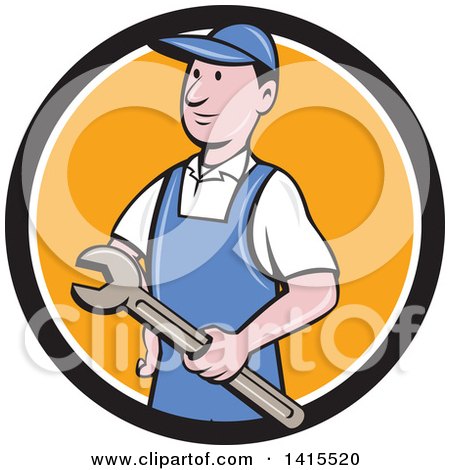 Clipart of a Retro Cartoon White Handy Man or Mechanic Holding a Wrench in a Blue White and Orange Circle - Royalty Free Vector Illustration by patrimonio