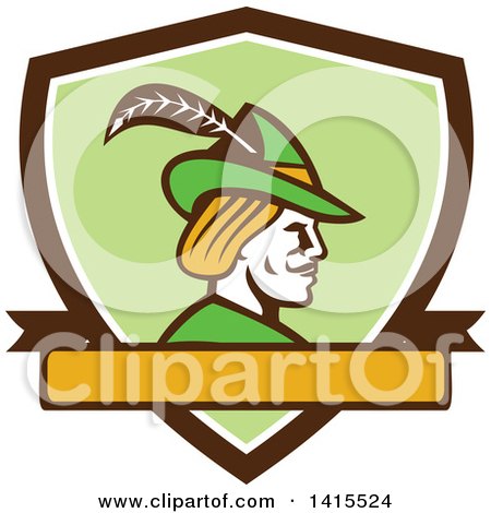 Clipart of a Retro Profile of Robin Hood Wearing a Plumed Hat in a Shield - Royalty Free Vector Illustration by patrimonio
