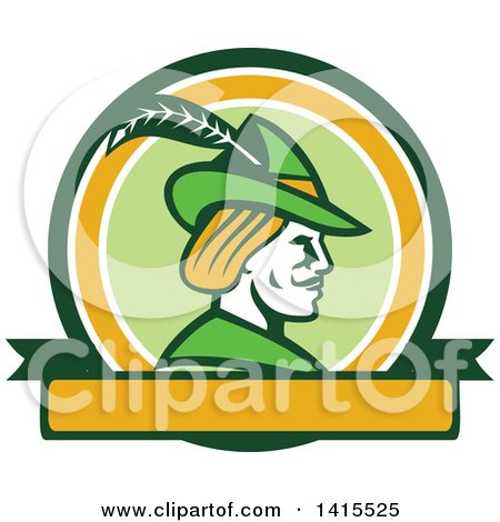 Clipart of a Retro Profile of Robin Hood Wearing a Plumed Hat in a Circle - Royalty Free Vector Illustration by patrimonio