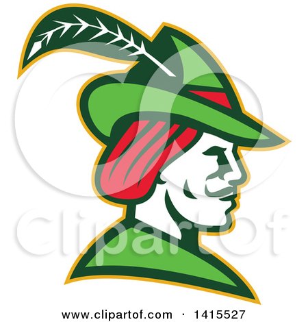 Clipart of a Retro Profile of Robin Hood Wearing a Plumed Hat - Royalty Free Vector Illustration by patrimonio