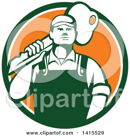 Clipart of a Cartoon Male Locksmith Carrying a Giant Gold Key over His Shoulder in a Green White and Orange Circle - Royalty Free Vector Illustration by patrimonio