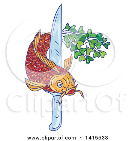 Clipart of a Sketched Koi Carp Fish with a Tail of Micro Greens, Swimming Around a Knife - Royalty Free Vector Illustration by patrimonio