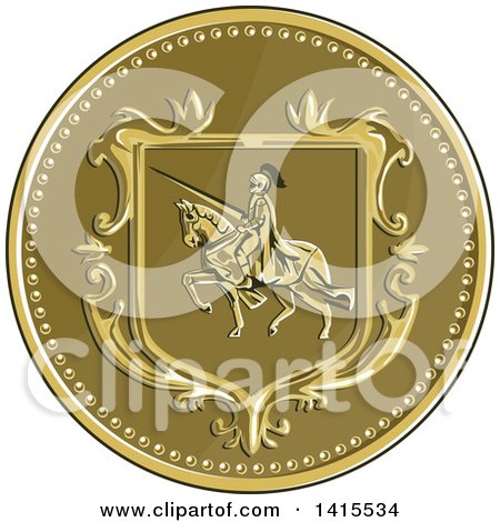 Clipart of a Retro Medallion of a Horseback Knight in Full Armor, Holding a Lance - Royalty Free Vector Illustration by patrimonio