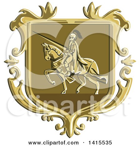 Clipart of a Retro Coat of Arms of a Horseback Knight in Full Armor, Holding a Lance - Royalty Free Vector Illustration by patrimonio