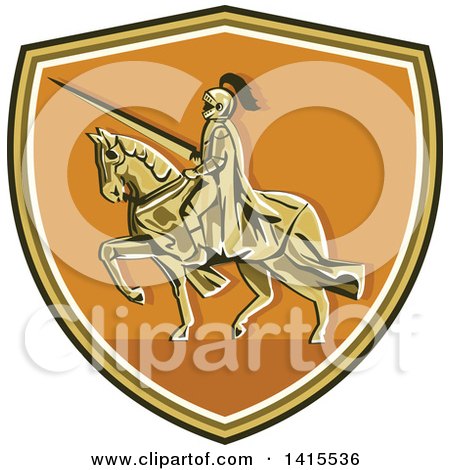 Clipart of a Retro Horseback Knight in Full Armor, Holding a Lance in a Shield - Royalty Free Vector Illustration by patrimonio