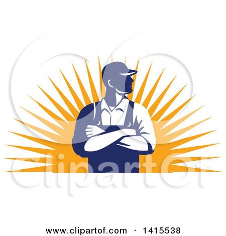 Clipart of a Retro Male Farmer with Folded Arms, Looking to the Side over a Sun Burst - Royalty Free Vector Illustration by patrimonio