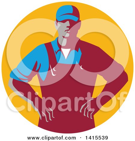 Clipart of a Retro Male Farmer with Hands on His Hips in an Orange Circle - Royalty Free Vector Illustration by patrimonio