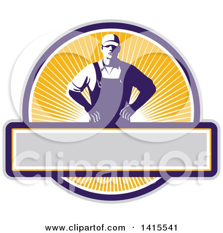 Clipart of a Retro Male Farmer with Hands on His Hips in an Orange Sunny Circle - Royalty Free Vector Illustration by patrimonio