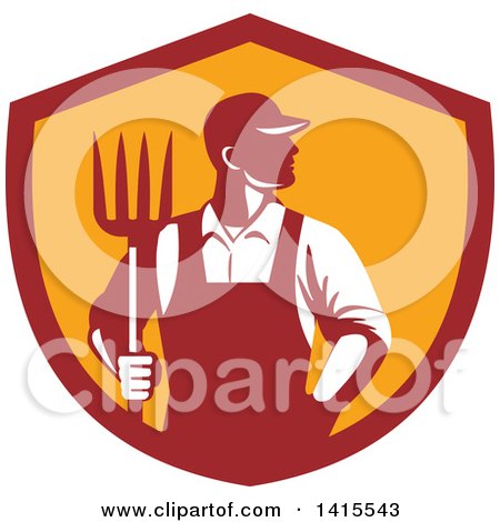 Clipart of a Retro Male Farmer or Worker Standing with One Hand in His Pocket and One Hand Holding a Pitchfork in a Red and Orange Shield - Royalty Free Vector Illustration by patrimonio
