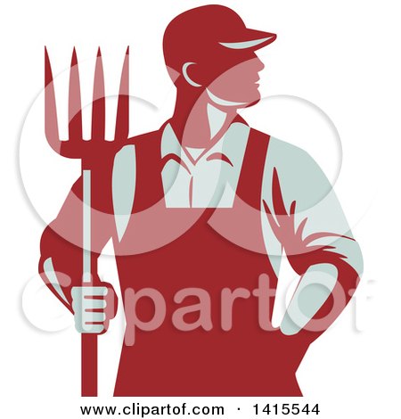 Clipart of a Retro Male Farmer or Worker Standing with One Hand in His Pocket and One Hand Holding a Pitchfork - Royalty Free Vector Illustration by patrimonio