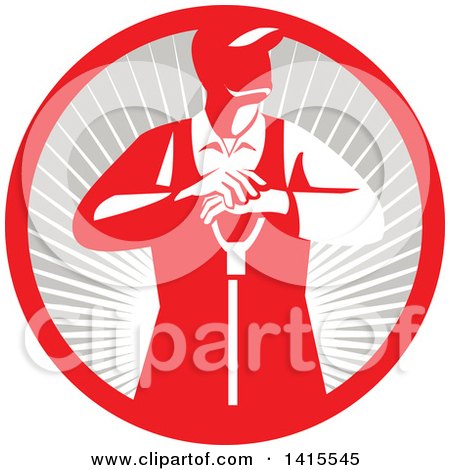 Clipart of a Retro Male Farmer Leaning on a Shovel, Looking to the Side in a Red and Gray Sun Burst Circle - Royalty Free Vector Illustration by patrimonio