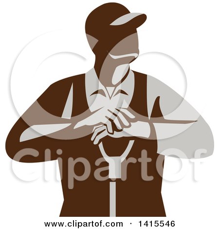 Clipart of a Retro Male Farmer Leaning on a Shovel, Looking to the Side - Royalty Free Vector Illustration by patrimonio