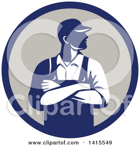 Clipart of a Retro Male Farmer with Folded Arms, Looking to the Side in a Blue and Gray Circle - Royalty Free Vector Illustration by patrimonio