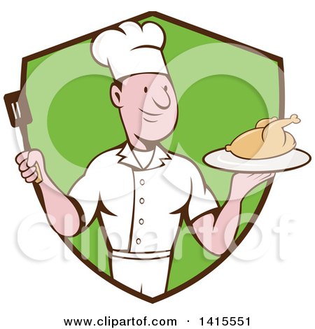 Clipart of a Retro Cartoon White Male Chef Holding a Spatula and Serving a Roasted Chicken in a Black and Green Shield - Royalty Free Vector Illustration by patrimonio