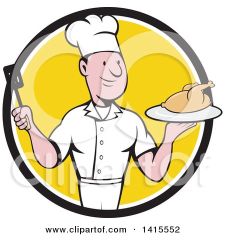 Clipart of a Retro Cartoon White Male Chef Holding a Spatula and Serving a Roasted Chicken in a Black White and Yellow Circle - Royalty Free Vector Illustration by patrimonio