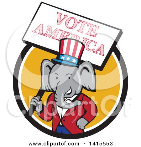 Clipart of a Retro Cartoon Political Republican Elephant Holding a Vote American Sign in a Black White and Yellow Circle - Royalty Free Vector Illustration by patrimonio