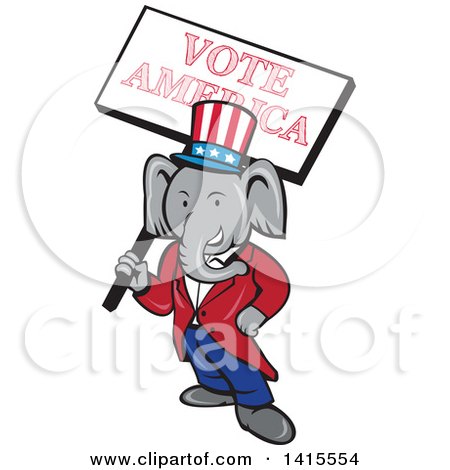 Clipart of a Retro Cartoon Political Republican Elephant Holding a Vote American Sign - Royalty Free Vector Illustration by patrimonio