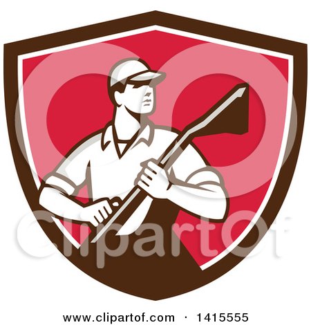 Clipart of a Retro Male Carpet Cleaner in a Brown White and Pink Shield - Royalty Free Vector Illustration by patrimonio