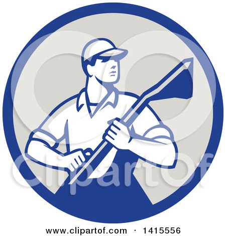 Clipart of a Retro Male Carpet Cleaner in a Blue and Gray Circle - Royalty Free Vector Illustration by patrimonio