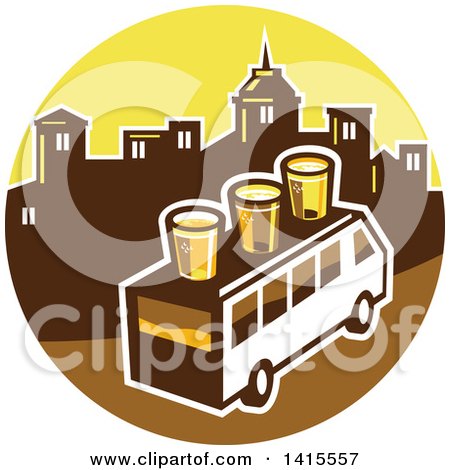 Clipart of a Retro Brew Tour Bus with Glasses on the Roof in a Town Skyline Circle - Royalty Free Vector Illustration by patrimonio