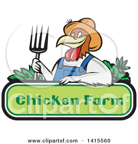 Clipart of a Retro Cartoon Farmer Rooster Man Wearing Overalls and a Straw Hat, Holding a Pitchfork over a Chicken Farm Sign - Royalty Free Vector Illustration by patrimonio