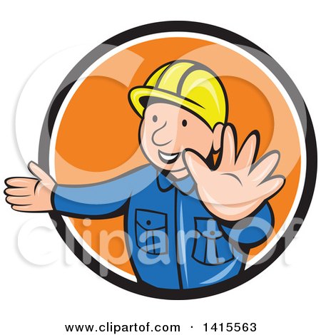 Clipart of a Retro Cartoon Happy Male Builder Presenting and Gesturing to Stop in a Black White and Orange Circle - Royalty Free Vector Illustration by patrimonio