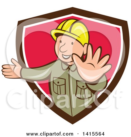Clipart of a Retro Cartoon Happy Male Builder Presenting and Gesturing to Stop in a Brown White and Pink Shield - Royalty Free Vector Illustration by patrimonio