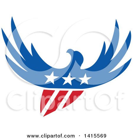 Clipart of a Silhouetted Flying American Bald Eagle in Red White and Blue with a Shield Body and Stars on Its Chest - Royalty Free Vector Illustration by patrimonio