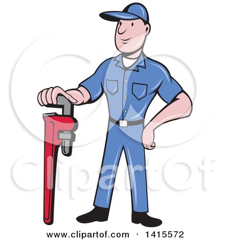 Clipart of a Retro Cartoon White Male Plumber or Handy Man Standing and Leaning on a Giant Monkey Wrench - Royalty Free Vector Illustration by patrimonio