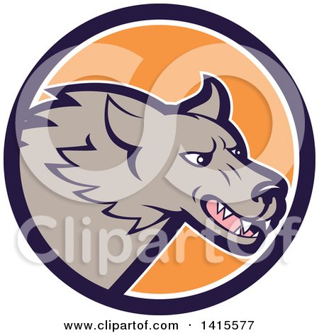 Clipart of a Cartoon Angry Gray Wolf Head Inside a Blue White and Orange Circle - Royalty Free Vector Illustration by patrimonio